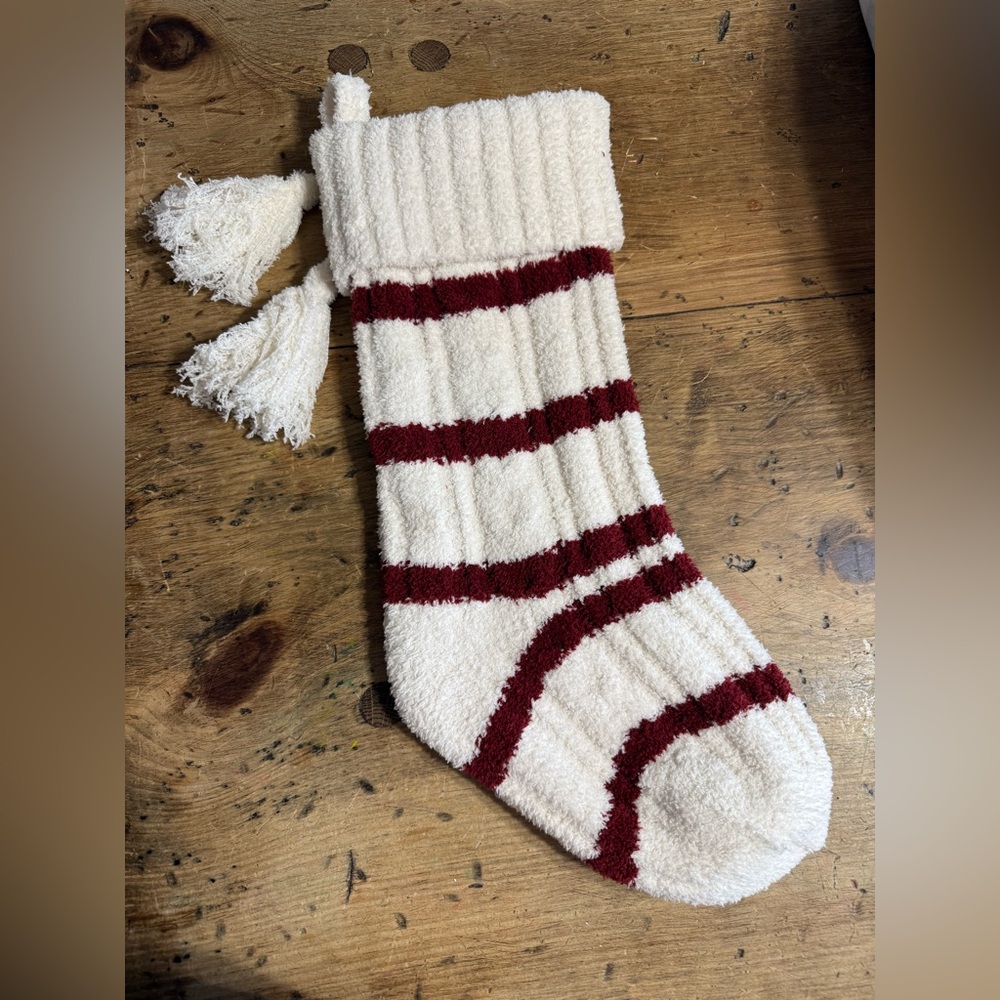 Barefoot Dreams Cozychic Christmas Holiday Burgundy and Cream Striped Stocking